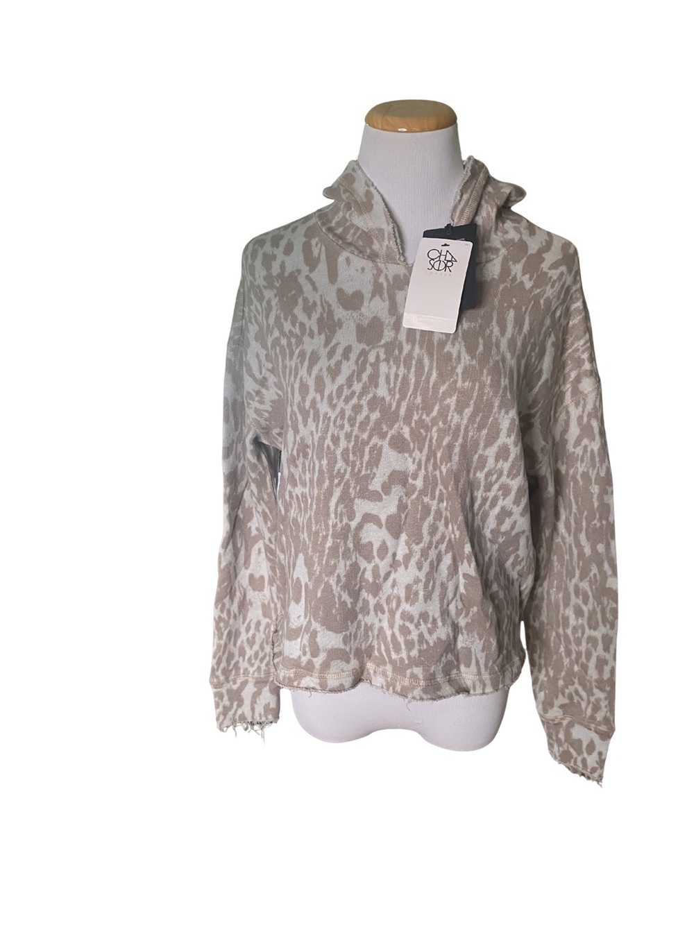Chaser Leopard Print Cropped Hoodie Raw Hem Pullover Sweatshirt Small NWT - Picture 2 of 9